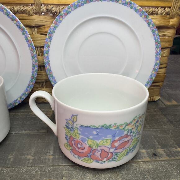 ALPAC Vintage Porcelain Large Cups And Saucers With Floral & Water Depiction - Picture 3 of 11